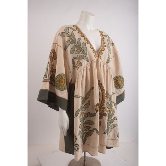 Zara Womens Mini Dress Kaftan M Beige Embroidered Linen Blend 5107/055 NWT - Picture 3 of 7